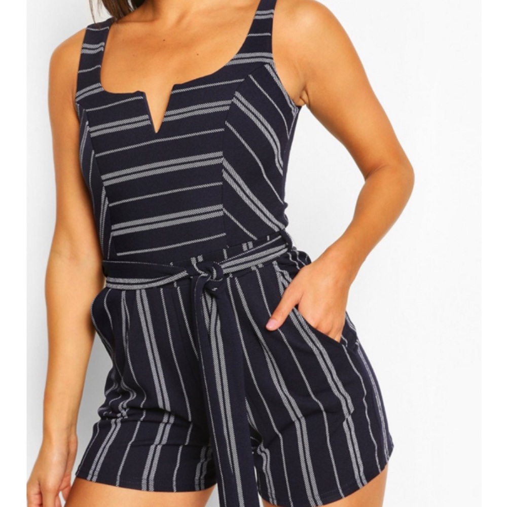 Boohoo NWT Striped Notch Neck Belted Romper